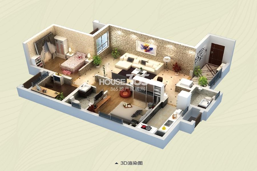 一期高层63,65号楼a户型3d图 三室两厅一厨两卫 73平米