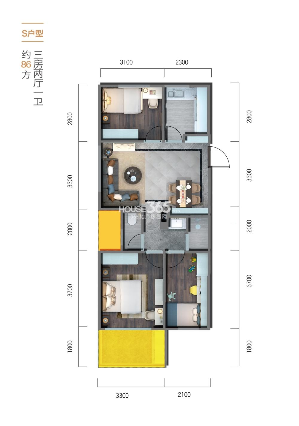 嘉和银领时代S户型86方三房两厅一卫户型图